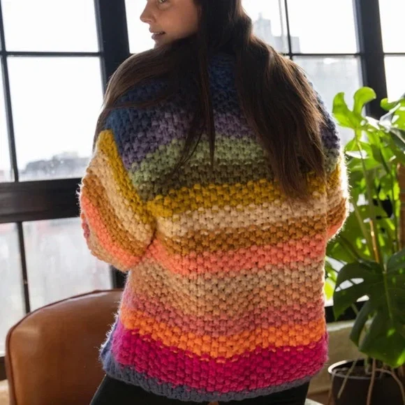 Saachi Mayflower stripe crocheted cardigan Multicolor Chunky Knit Sweater - Picture 7 of 12